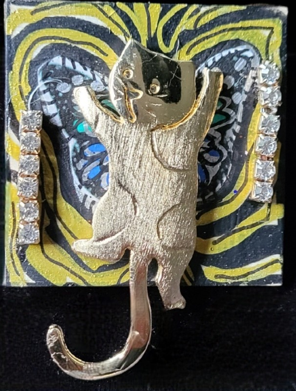 80s Vintage Cat With Big Wings -  Brooch w Rhinestones ! Collage Mixed Media!