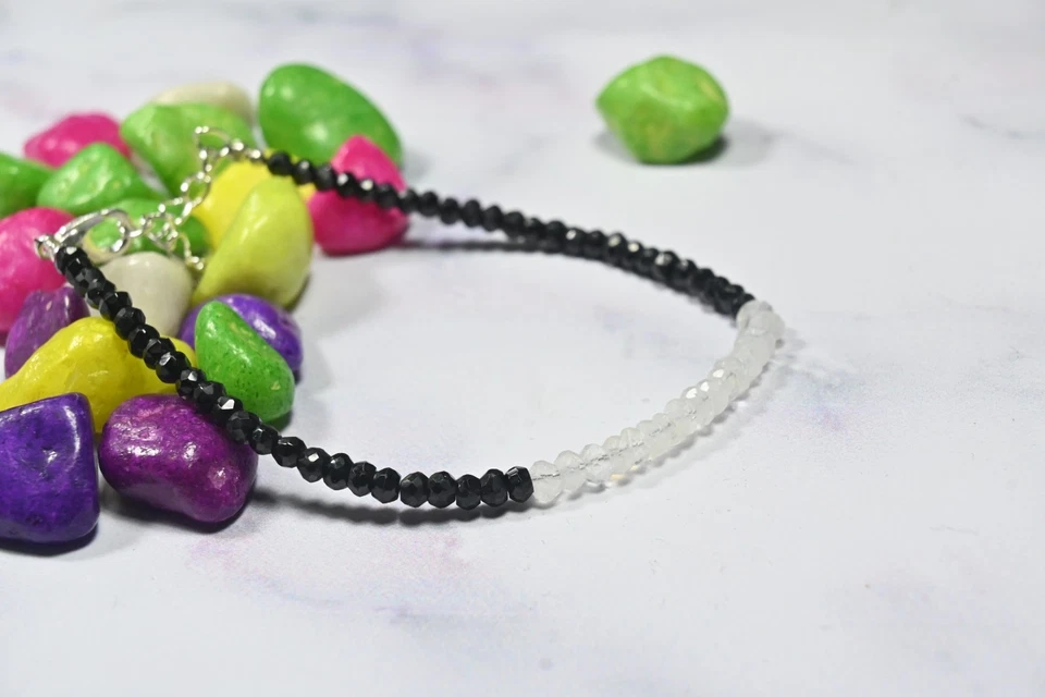 Brazalete de perlas y espinela negra 3-4 mm 2 cuentas de piedras preciosas rondelle multifacéticas 6-8" Foto 4 de 4