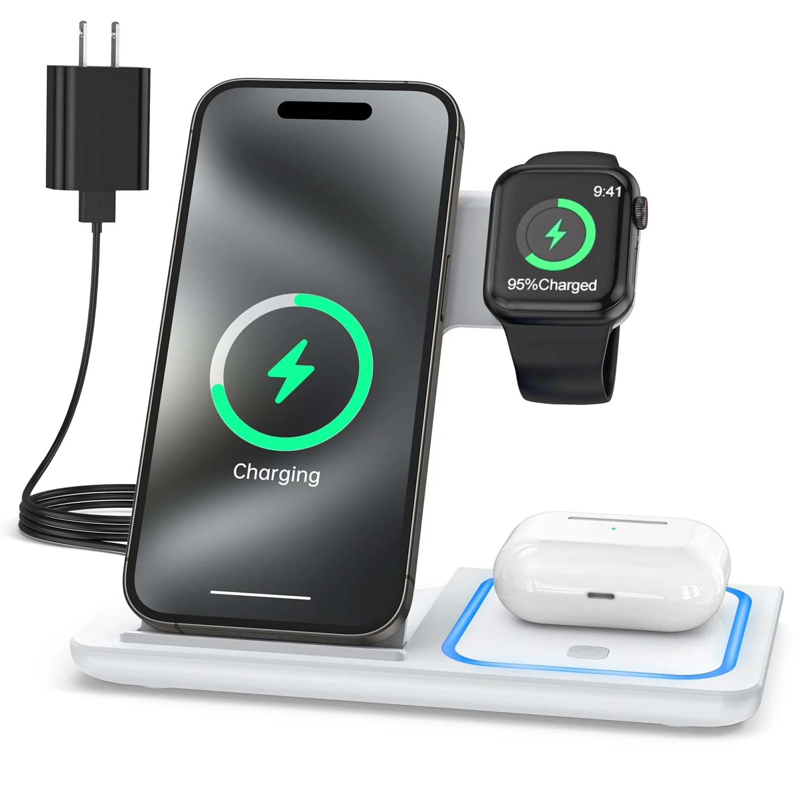 Wireless Charger, 3 in 1 Wireless Charging Station Dock with Breathing Indicator-image