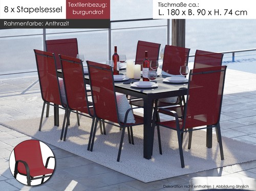 Gartenmöbel Set 9-tlg. Alu Tisch 8x Stapelsessel Essgruppe Gartenset Sitzgruppe - Bild 6 von 27