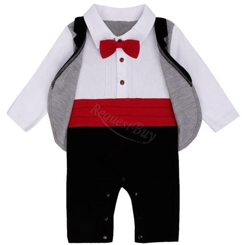 Baby Boy Wedding Party Tuxedo Suits Bowtie Romper One-Piece Outfit 0-24M NEWBORN - Picture 36 of 105