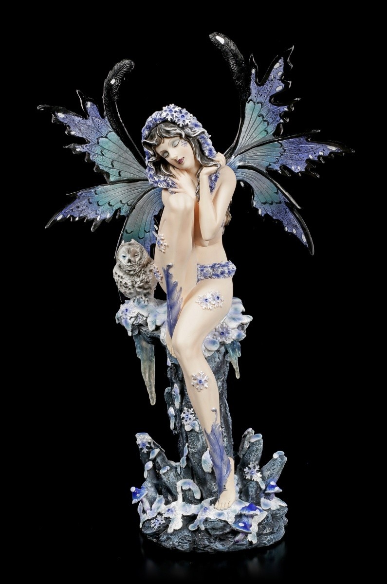 Winter Elves Figurine - Ciana With Snow Owl - Fantasy Elf Fee Angel Uhu Statue