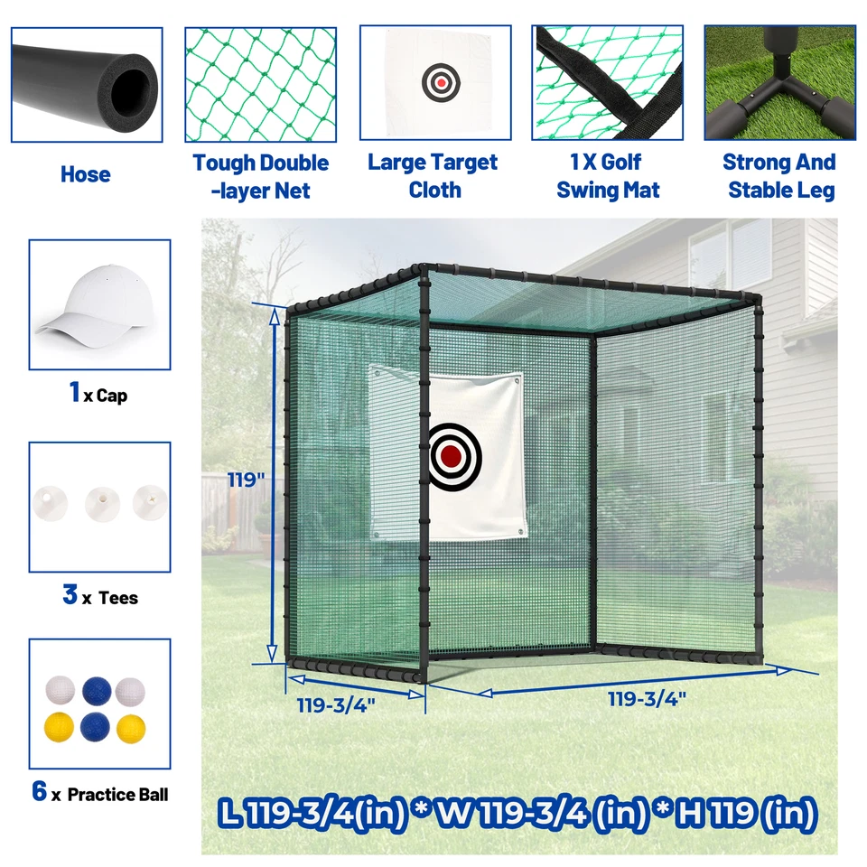 10X10X10FT Golf Driving Cage Practice Net For Swing Hitting Kit W/Training Aid - Image 2 of 4
