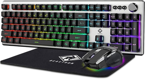 Beastron Colorful Backlit Gaming Keyboard + Mouse & Mouse pad, Multimedia knob - Afbeelding 1 van 5