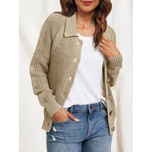 Womens Collared Cardigan Trendy Knitted Open Front Button Up Long Sleeve Sweater - Picture 10 of 10
