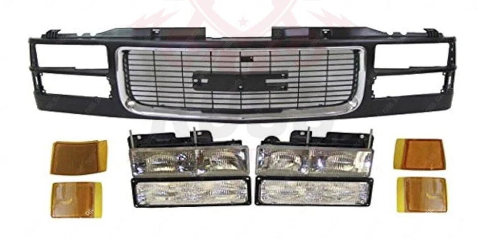 New Front Grille + Headlight Kit Set of 9 For 1994-2002 GMC C/K Pickup Old Style Foto 2 de 4