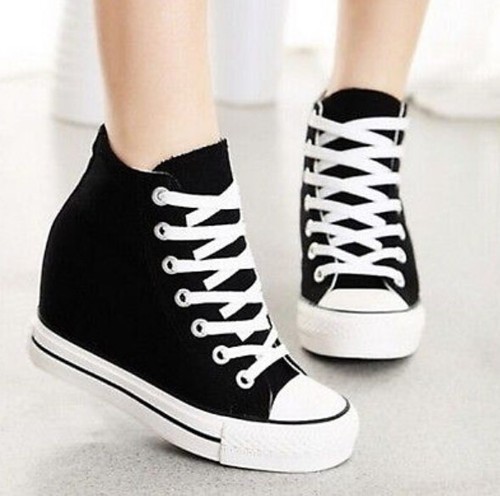 Womens Sneakers Hidden Wedge 8cm Heel Canvas High Top Lace Up Trainers Shoes - Afbeelding 1 van 20