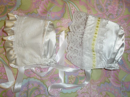 14-15” Baby Doll White Satin Bonnets x 2, handmade and new