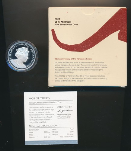 Australia: 2023 $1 Kangaroo 1oz .999 Silver PROOF 30th Anniversary Mob of Thirty - Imagen 2 de 2