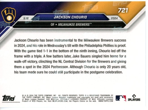 2024 Topps Now "Scores GW Run" #721 Jackson Chourio - Brewers PR-4317 - Picture 2 of 2