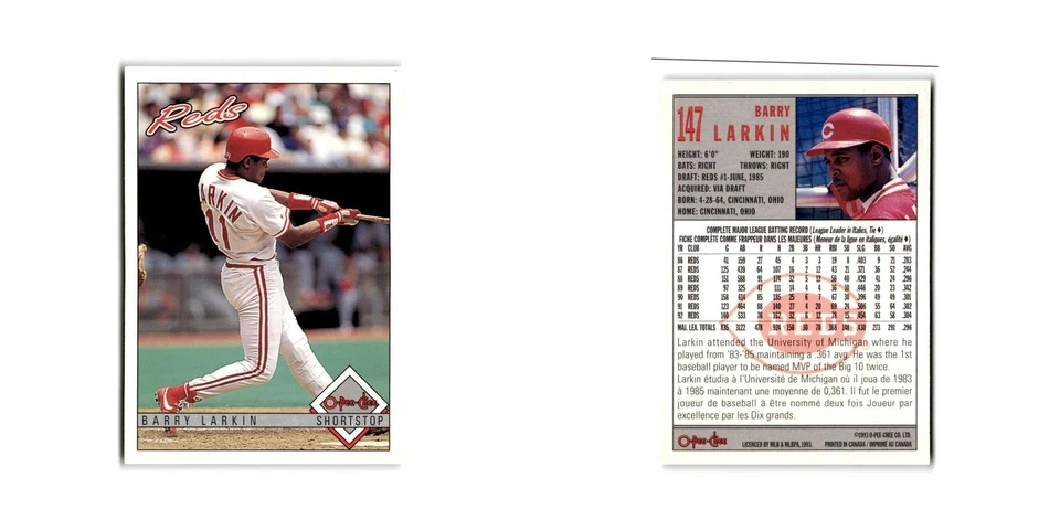Barry Larkin 1993 O-Pee-Chee #147 Cincinnati Reds Baseball Card NM - Image 3 of 3