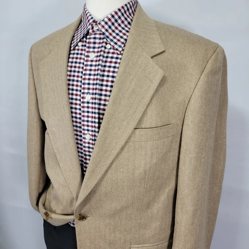Land's End 男式运动外套西装外套双纽扣米色人字形 100% 真丝 40R 码 — 第 3/4 张图片