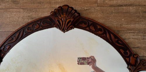 Vintage Mirror Walnut 40" H 47" W framed antique Art Nouveau dresser stand tudor - Picture 10 of 12