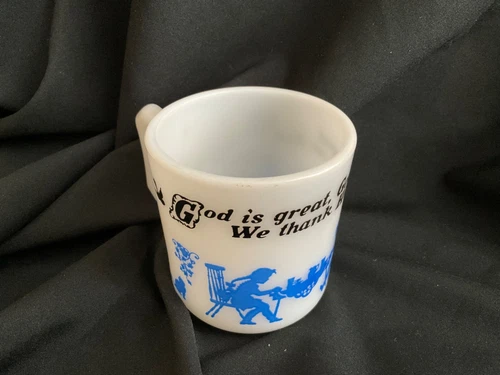 VINTAGE HAZEL ATLAS CHILDS MUG CUP PRAYER God Is Great, white mug, blue, black
