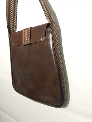 Vintage 1970’s Brown Leather Satchel Shoulder Bag Purse W/ Woven Cloth Strap-9x9 - Picture 20 of 24
