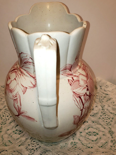 Antique Stoneware Pink Red Transfer Pitcher Magnolias Pitcher 12" - Picture 5 of 7