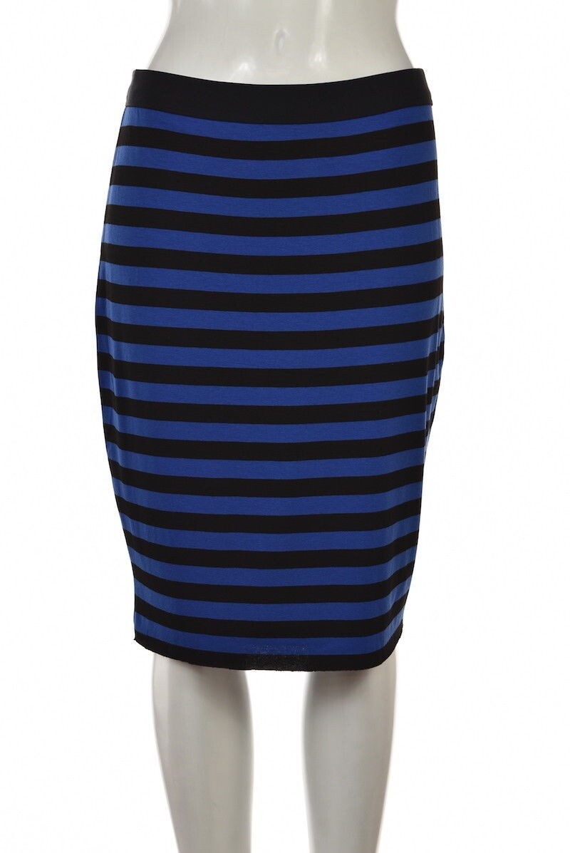 Core Womens Skirt SZ M Black Blue Striped Pencil Knee Length