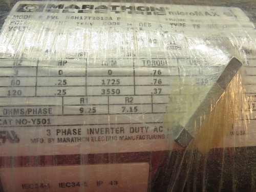 Marathon Electric, 056H17T2012 (Y501),Motor AC, 1/4 HP, 230VAC, 60 HZ, 3 PH, NIB - Picture 7 of 12