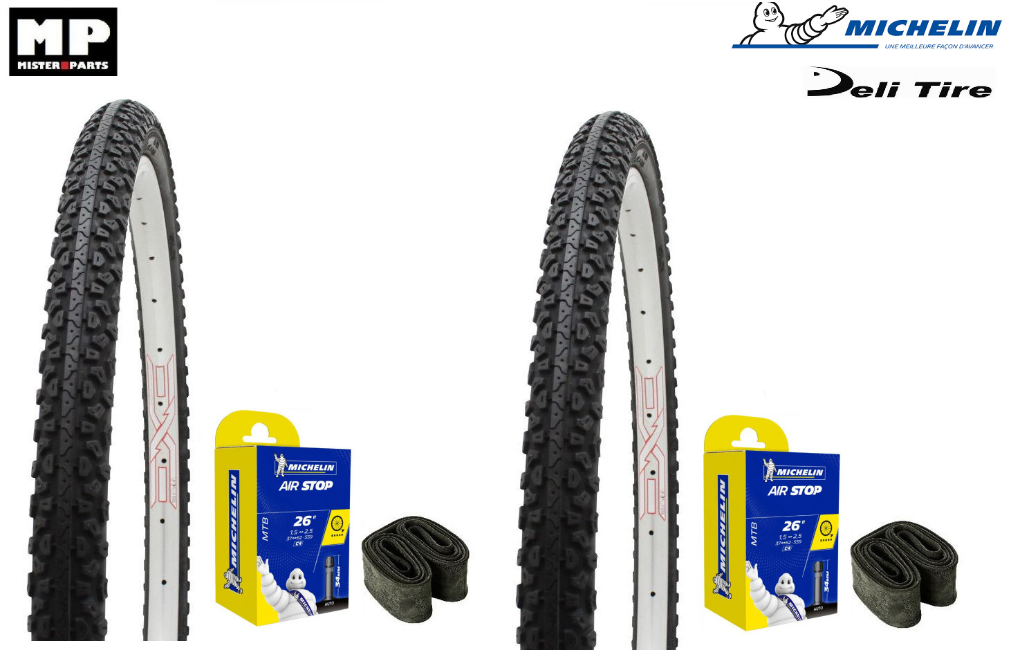 Pack 2 pneus VTT Deli Cross 26x1.75 avec chambres à air Michelin robustes