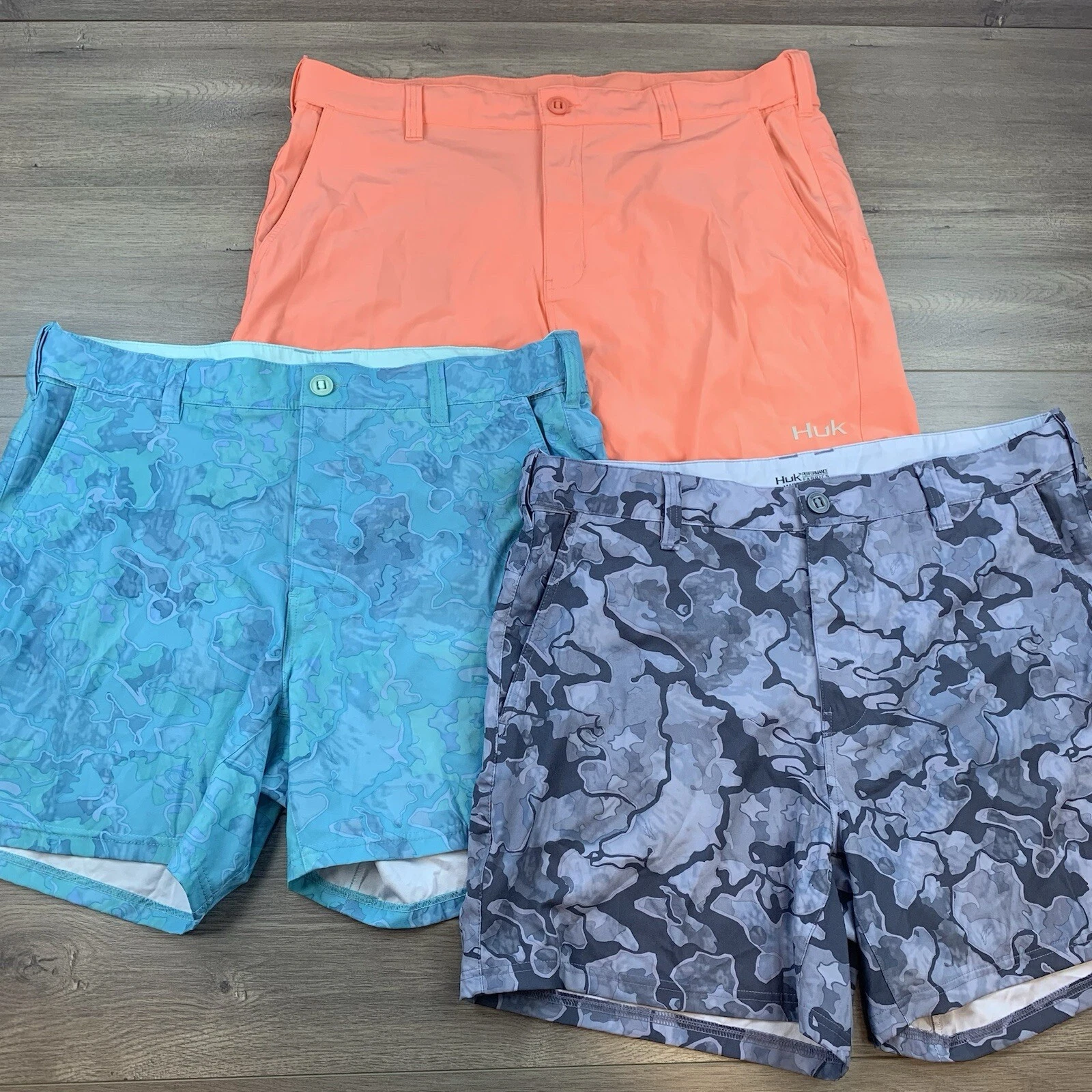 x3 HUK Lowcountry 6” Performance Fishing Shorts Lot Men’s 3XL Blue Gray Pink