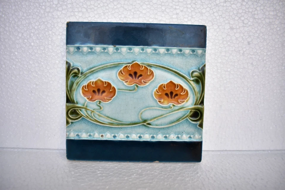 Azulejo Antiguo Art Nouveau Mayólica Cerámica Porcelana Inglaterra Diseño Floral "I101 Foto 2 de 4