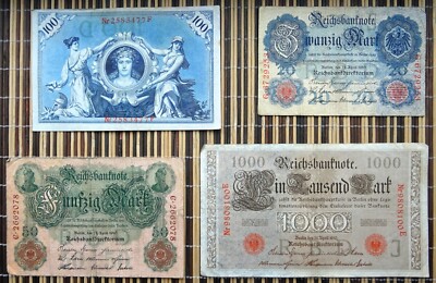 Lot of German Empire 20, 50, 100 & 1000 Mark Denominations. Set of 4 Banknotes
