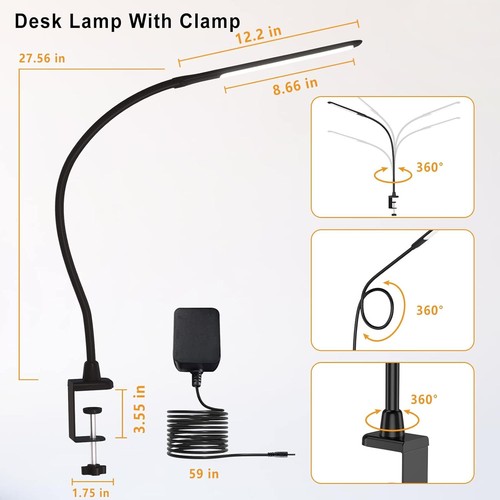 Desk Lamps for Home Office, 10W Clamp Lamp Dimmable Gooseneck Black - Picture 4 of 7