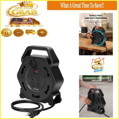 Listed 25FT Extension Cord Reel with 4 Outlets, Circuit Breaker, Black