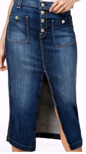 7 FOR ALL MANKIND Sz 28 LONG SKIRT W/EXPOSED BUTTONS SKIRT PALMA BLUE - Picture 2 of 15