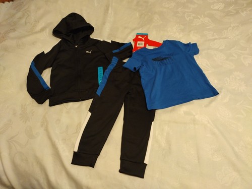 PUMA Kids' Boys 3-piece Tech Fleece Set Black With Blue Shirt Size 4T New - Picture 2 of 5