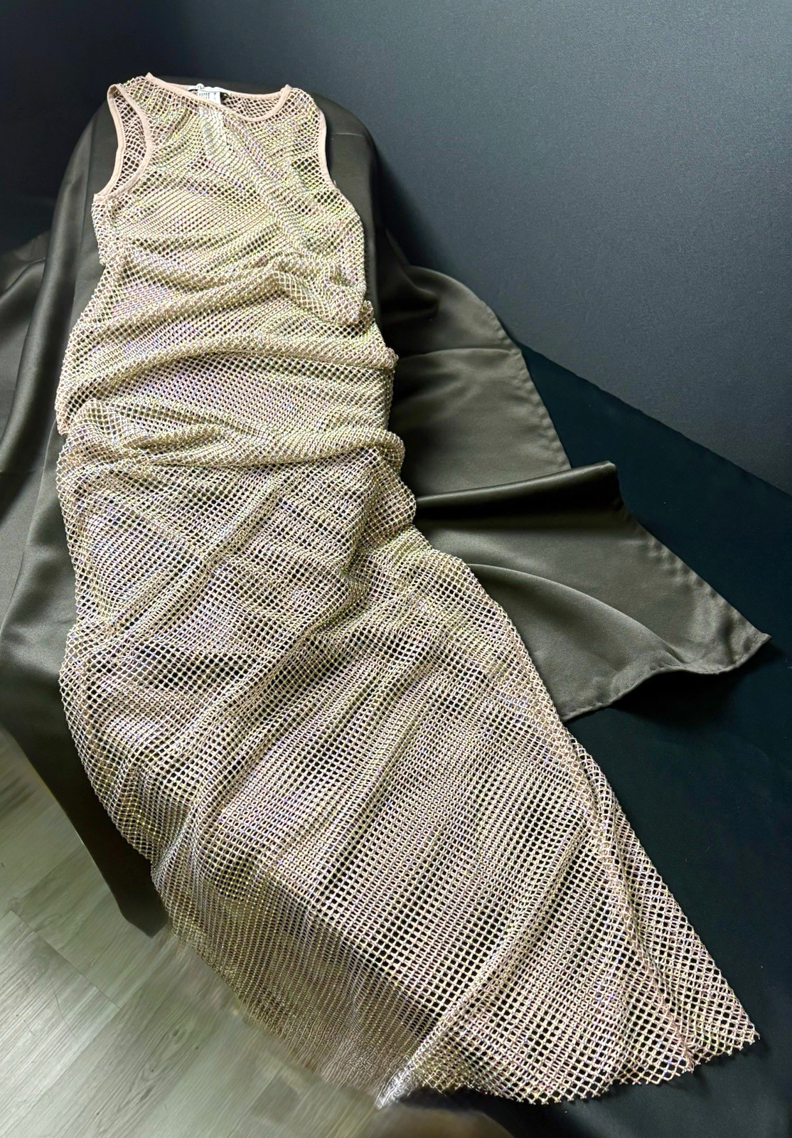 ZARA SPARKLY SLEEVELESS BEIGE W/TINY COLORED RHINESTONE MAXI MESH DRESS S NEW