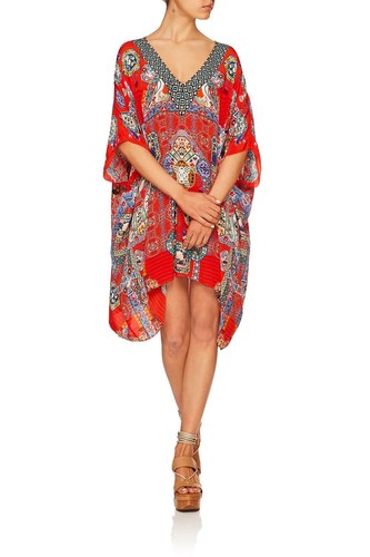 CAMILLA Rectangular V Neck Kaftan -Found in Translation- One Size -Red 100% Silk - Picture 3 of 21