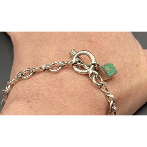 Silver 925 Bracelet Round Links Chain 8” Mexico TS-122 Taxco Vntg Green Charm - Picture 3 of 9