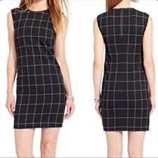 Lauren Ralph Lauren Leather Trim Dress Windowpane Plaid Black Sheath Size 6