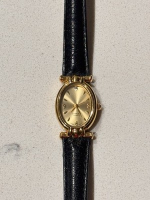 Vintage Avon Genuine Diamond Accent Leather Black Adjust Strap Watch Gold Tone