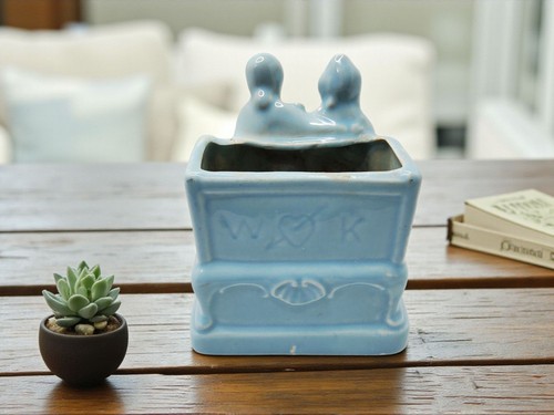 vintage 1950s-60s cameron clay lovers on a bench blue glazed planter - Picture 2 of 9