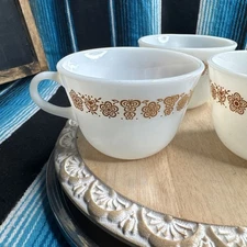 VTG 3 Piece PYREX/CORNING Butterfly Gold White Milk Glass Coffee Cups No Chips