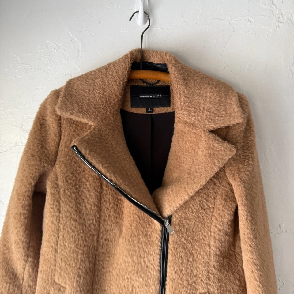 Abrigo Andrew Marc Camel Mezcla Alpaca Asimétrico Cremallera Para Mujer Talla 6 Oso de Peluche Foto 2 de 4