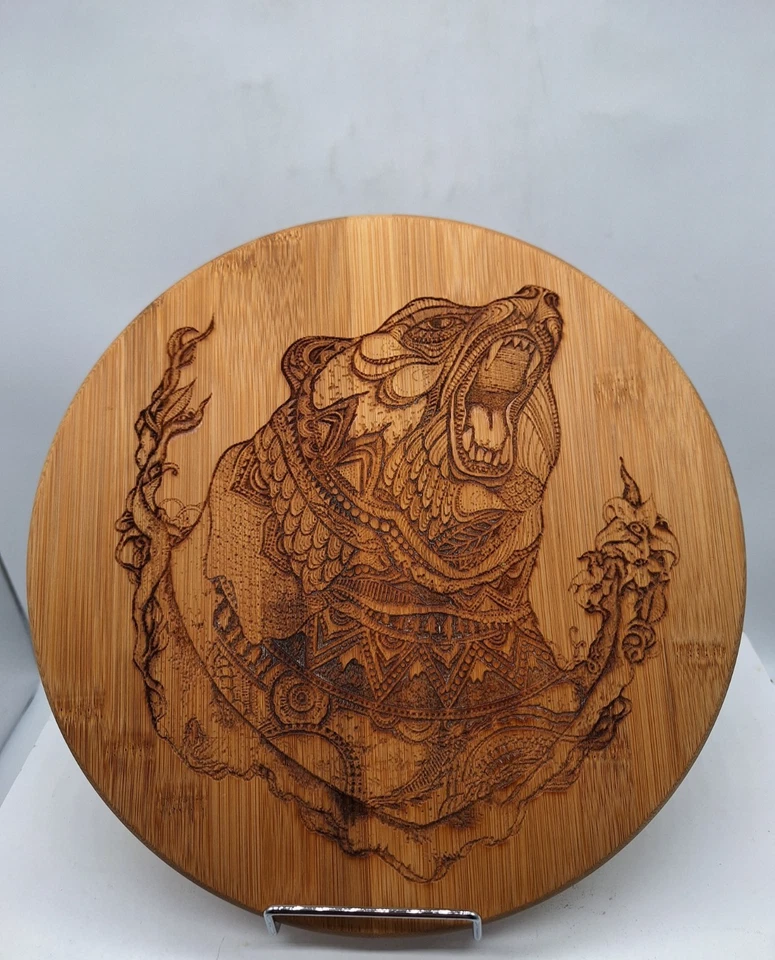 Totally Bamboo Lazy Susan Wood Burning Bear Artist Kerrie Stone Creations 10 in - Image 2 of 4