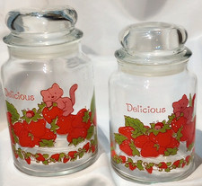 Two Vintage Strawberry Shortcake Custard the Cat Glass Canister Jar W/ Lid