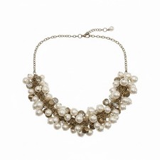 Faux Pearl Rhinestone Cluster Statement Bib Necklace Gold Tone Multi Strand