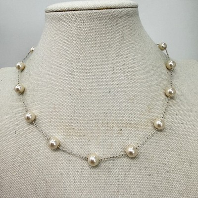 Roman RMN Cream Faux Pearl Station Necklace Classic Elegant Style Silver Tone