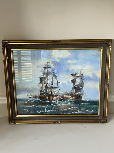 Vintage Large Framed Battleships Oil Painting Signed J. Harvey 1960s-1980s