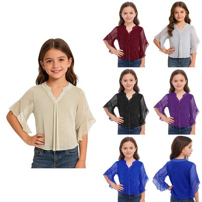 Girls Shirt Sparkly Blouse Breathable Top V Neck Casual Pageant Flared Sleeve