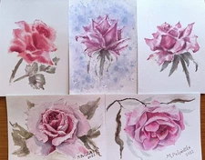 Original Artwork Painting Flowers BURGUNDY RED ROSE Floral Art Wall Gift #3-5pic