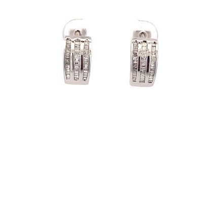 14K White Gold 1.00 CTW Baguette Diamond Huggie Hoop Earrings