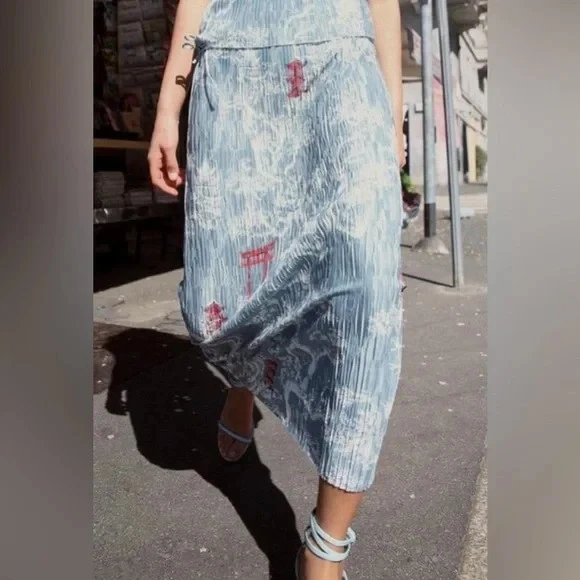 Saia Midi ZARA Oriental Asiática Longa Plissada Cinza/Azul Puxador 5039/178 sS - Imagem 2 de 4