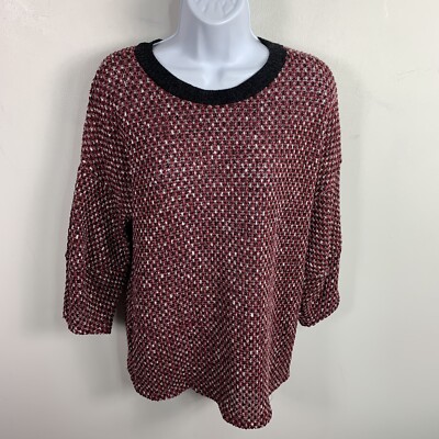 Cherish Sweater sz L Red Black Textured Artsy Casual Elevated Basic Minimalist