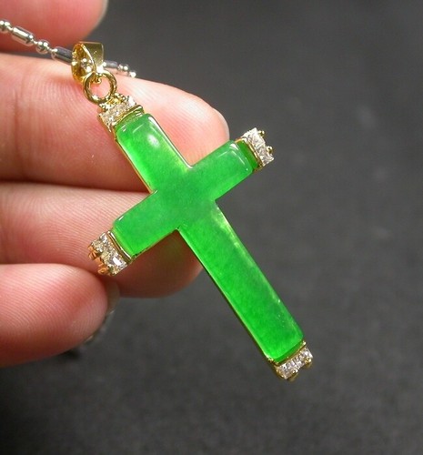 Genuine Ice Green Jade Cubic Zirconia Jesus Cross 18KGP Pendant Chain Necklace - Picture 5 of 7