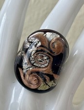 VENICE MURANO BLACK SILVER BRONZE ART GLASS DOME RING SIZE 6.5 ITALY